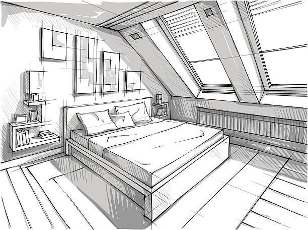design Vector illustration of interior design. In the style of drawing. (ai 10 eps with transparency effect) bedroom drawings stock illustrations
