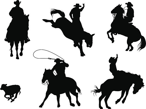 ilustraciones, imágenes clip art, dibujos animados e iconos de stock de rodeostars - rodeo cowboy horse silhouette