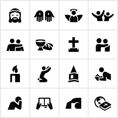 Christian faith related icons. All white strokes/shapes are cut from the icons and merged allowing the background to show through.