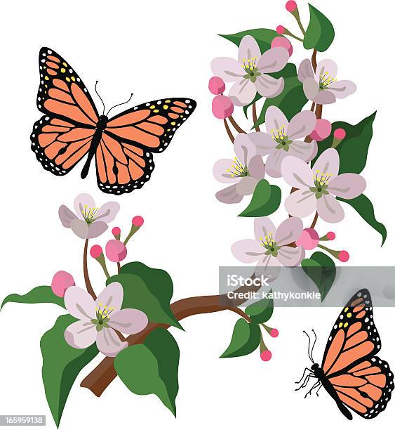 Fiori E Farfalle Monarca Apple - Immagini vettoriali stock e altre immagini di Farfalla - Farfalla, Vista laterale, Farfalla monarca