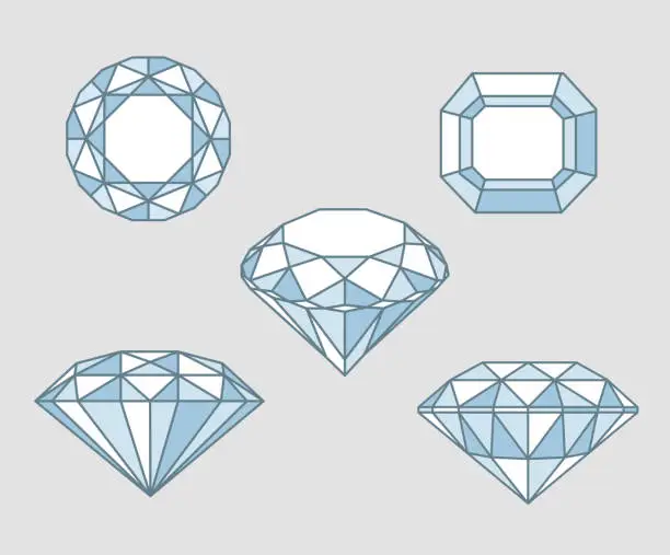 Vector illustration of Five Sparkling diamond rocks from different angles point of view