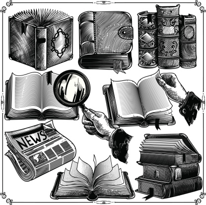 Set of books icons in classic engraving style