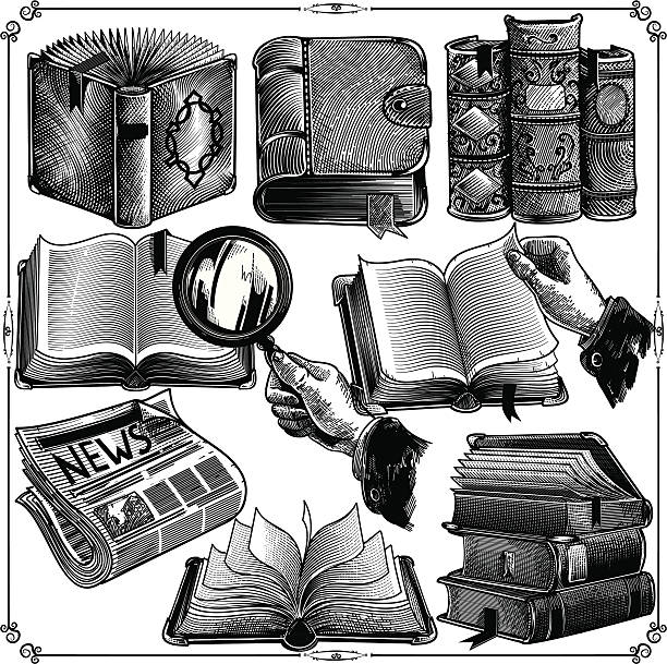 Books icons Set of books icons in classic engraving style magnifying glass book stock illustrations