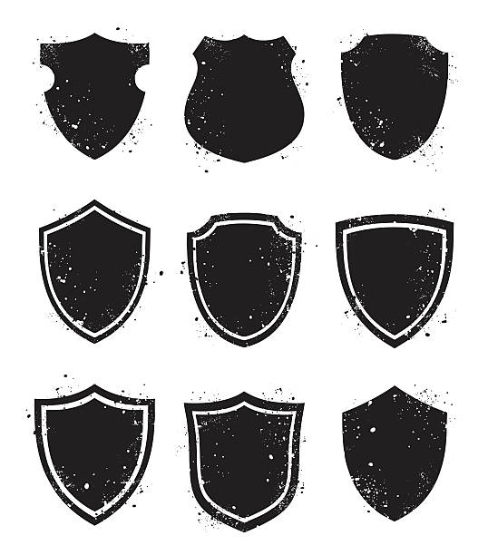 ilustraciones, imágenes clip art, dibujos animados e iconos de stock de escudos de grunge - grunge shield coat of arms insignia