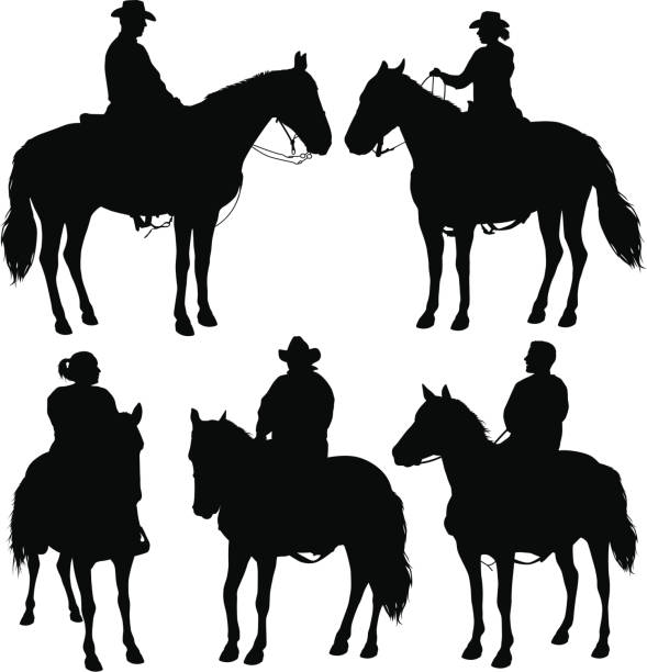 ilustraciones, imágenes clip art, dibujos animados e iconos de stock de cabalgatas - cowboy hat hat wild west black