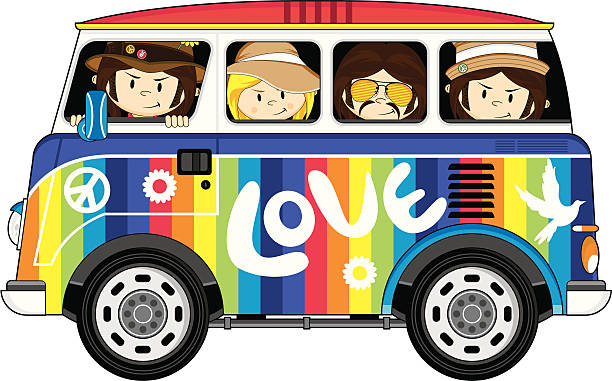 Hippies In Rainbow Van Stock Illustration - Download Image Now - Hippie,  Mini Van, Rainbow - iStock
