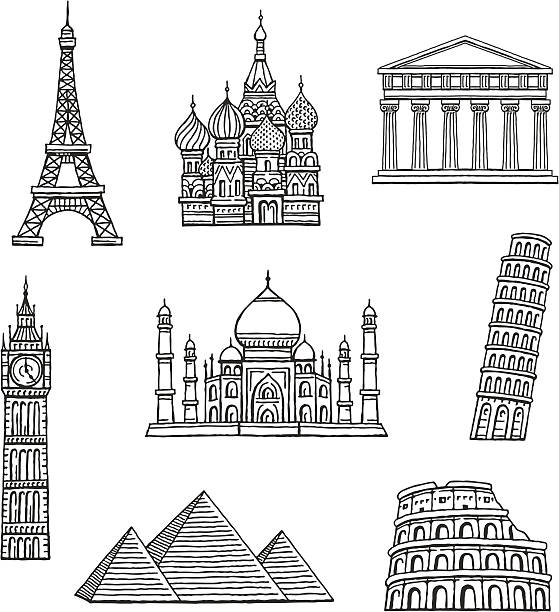 유명한 여행 목적지 - leaning tower of pisa 이미지 stock illustrations