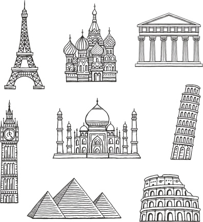 Set of hand drawn famous international landmarks.