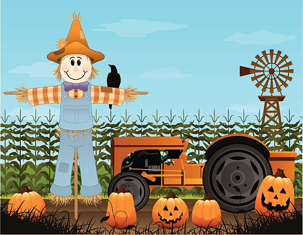 ilustracja wzór z strach na wróble i ciągnik - pumpkin patch stock illustrations