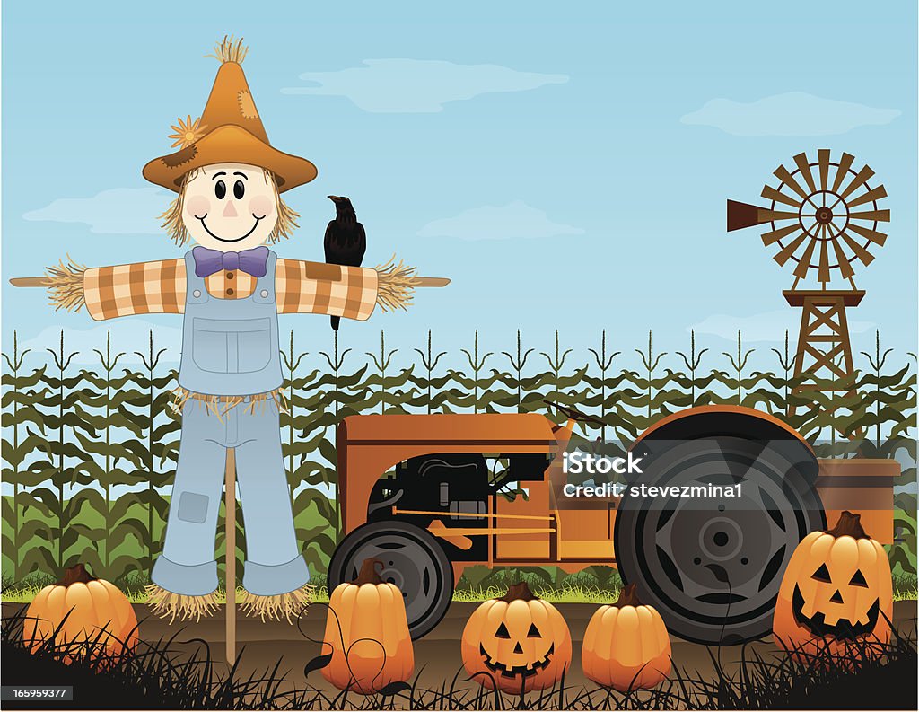 An illustration design of a scarecrow and a tractor Spend some time on the farm this fall with a scarecrow and pumpkin patch with plenty of copyspace! Pumpkin Patch stock vector