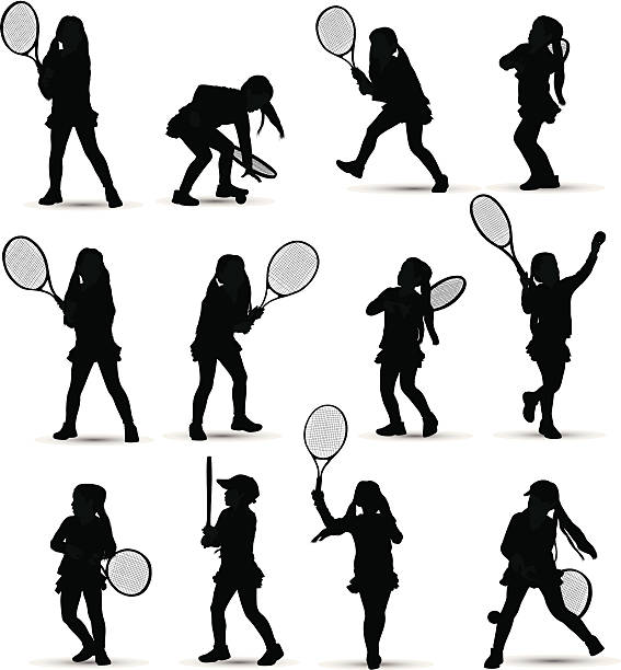 ilustraciones, imágenes clip art, dibujos animados e iconos de stock de niña jugando al tenis - silhouette tennis competitive sport traditional sport