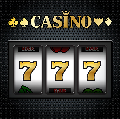 Casino Slot Machine Sevens on Black Background. This 100% editable royalty free vector graphic features a classic slot machine with triple sevens in focus. The triple seven jackpot is in gold and white on black texture background. Image download includes vector graphic and jpg file.