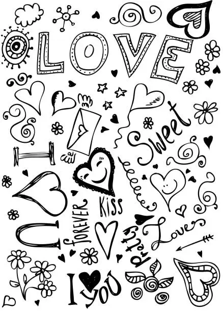 Vector illustration of Valentine doodles of hearts and flowers and loving words