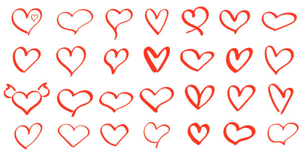 Doodle hearts sketch set. Various different hand drawn heart icon love collection isolated on white background. Red heart symbol for Valentines Day. Doodle hearts sketch set. Various different hand drawn heart icon love collection isolated on white background. Red heart symbol for Valentines Day. anatomical heart stock illustrations