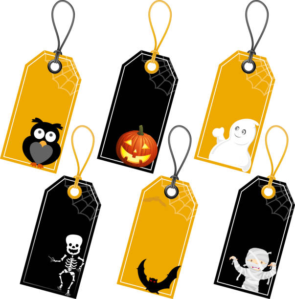 ilustraciones, imágenes clip art, dibujos animados e iconos de stock de halloween etiqueta de precio - halloween pumpkin jack olantern industry