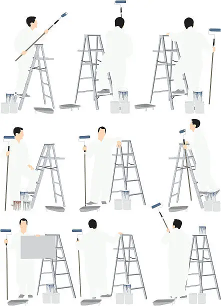 Vector illustration of Multiple images of a painter painting wall