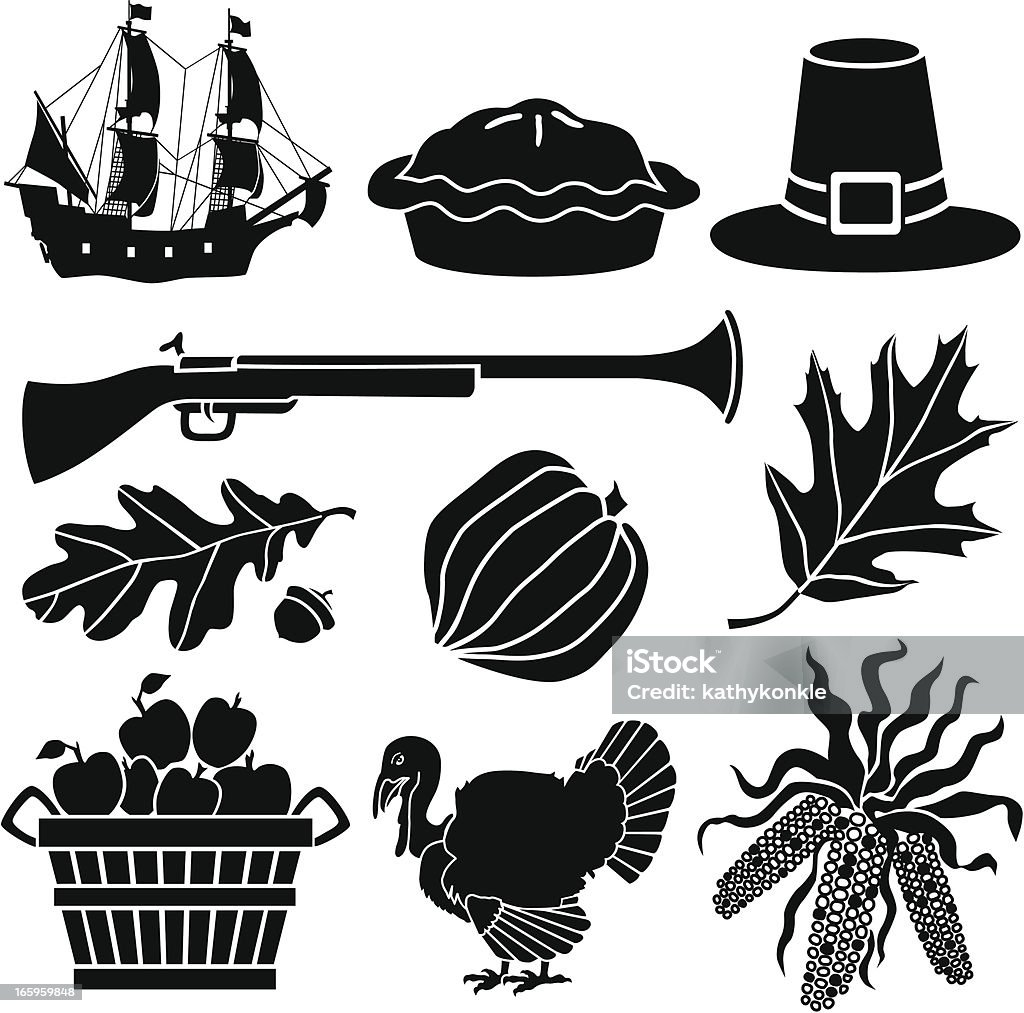 Thanksgiving icons Vector icons with a Thanksgiving theme featuring the Mayflower, apple pie, Pilgrim hat, musket, Autumn leaves, acorn squash, bushel of apples, turkey and corn. Thanksgiving - Holiday stock vector