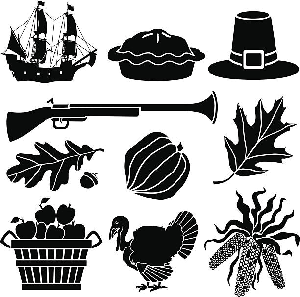 Thanksgiving icons Vector icons with a Thanksgiving theme featuring the Mayflower, apple pie, Pilgrim hat, musket, Autumn leaves, acorn squash, bushel of apples, turkey and corn. thanksgiving holiday silhouettes stock illustrations
