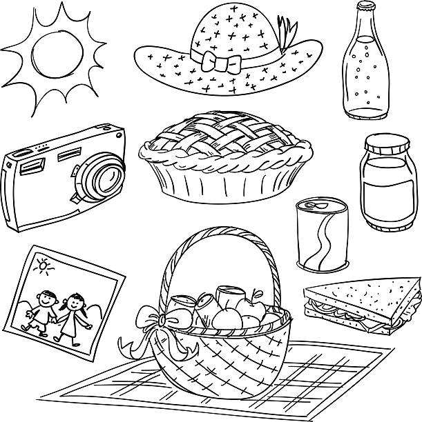 Picnic elements illustration in black and white Picnic elements in black and white tablecloth illustrations stock illustrations