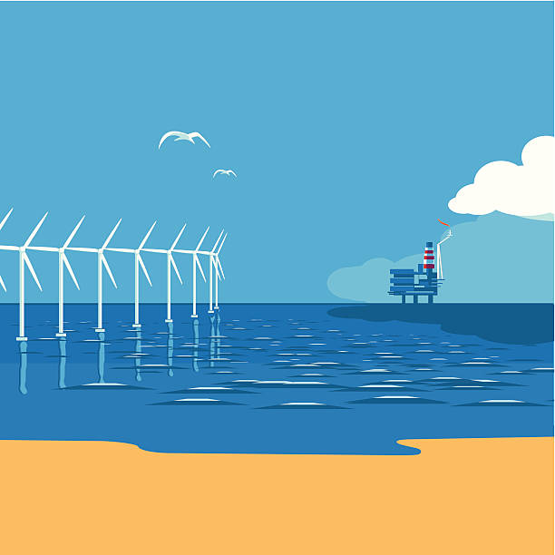 ilustraciones, imágenes clip art, dibujos animados e iconos de stock de wind farm vs. plataforma petrolífera - oil rig illustrations