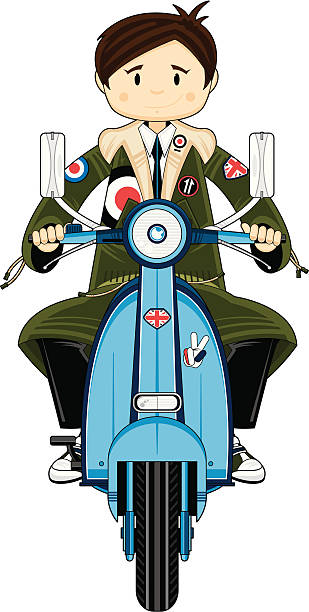 стильный современный мальчик в парке на scooter - lapel hairstyle transportation british culture stock illustrations