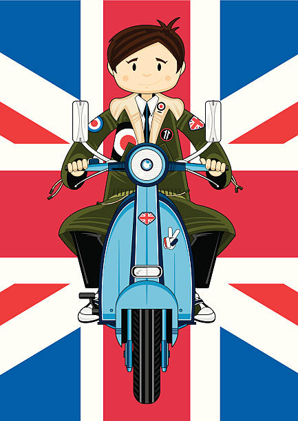 ilustraciones, imágenes clip art, dibujos animados e iconos de stock de mod boy en motoneta con union jack - lapel hairstyle transportation british culture