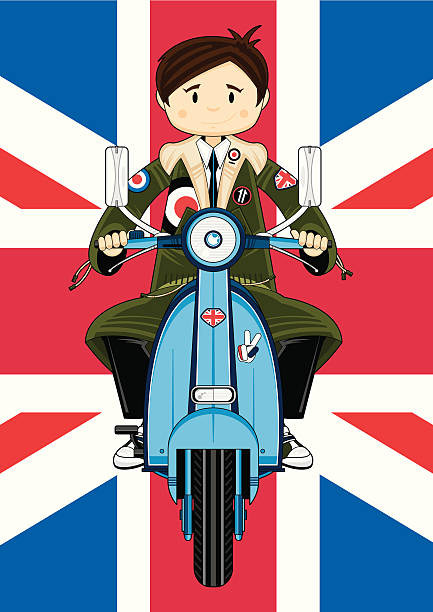 illustrations, cliparts, dessins animés et icônes de mod garçon sur scooter de l'union jack - lapel hairstyle transportation british culture