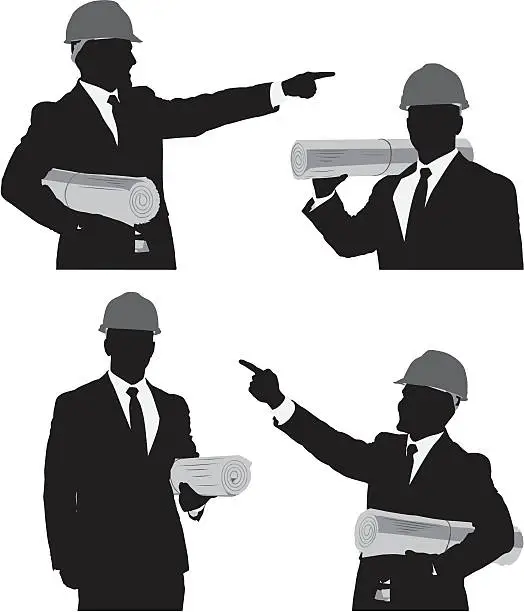 Vector illustration of Multiple images of an architect with blueprint