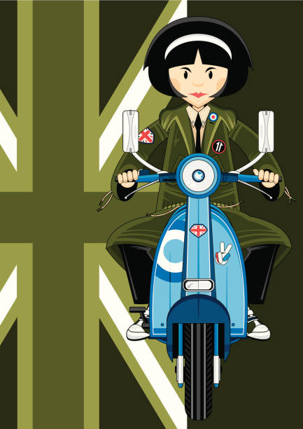 ilustraciones, imágenes clip art, dibujos animados e iconos de stock de tonos mod chica en parka en motoneta - lapel hairstyle transportation british culture