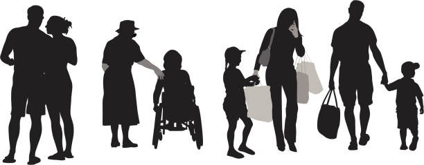 illustrazioni stock, clip art, cartoni animati e icone di tendenza di famiglia'ncommunity - wheelchair women outline holding hands