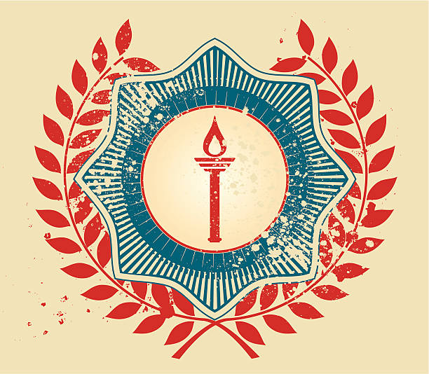 . torch emblem Classic Greek . torch Emblem on red star with laurel weraths.  sport torch stock illustrations