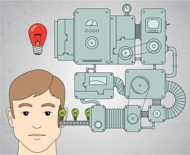 ilustrações, clipart, desenhos animados e ícones de a grande idéia - machine production line ideas changing form