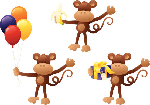 Monkey holding banana, balloons and gift.