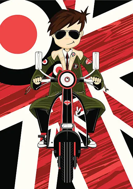 Vector illustration of Cool Mod Boy in Parka on Scooter