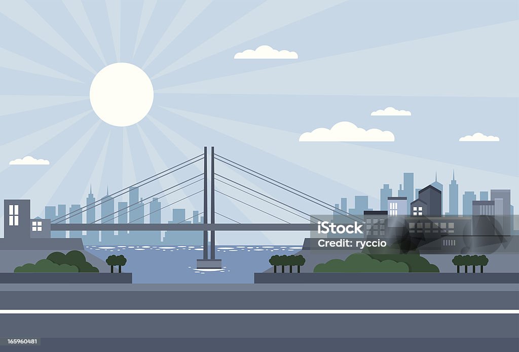 Bridge city - daylight, with skyscrapers, sea A modern simple vector city in a bright sunny day. Skyscrapers on the background, a lot of house and trees, a bridge and a shiny sea. A big road in the front. Bridge - Built Structure stock vector