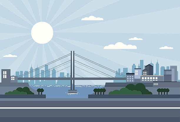 Bridge city - daylight, with skyscrapers, sea A modern simple vector city in a bright sunny day. Skyscrapers on the background, a lot of house and trees, a bridge and a shiny sea. A big road in the front. sunny day stock illustrations