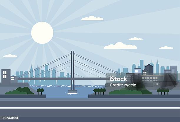 Bridge City Daylight With Skyscrapers Sea Stock Illustration - Download Image Now - Bridge - Built Structure, City, Vector