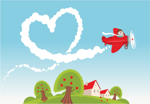 Illustration of a small airplane leaving a heart-shaped trace in the sky.