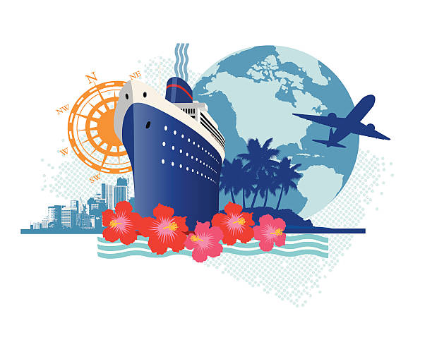World Travel Travel elements including airplane, globe, palm trees, cruise ship, cityscape, compass and frangipanis with textured background. cruize stock illustrations