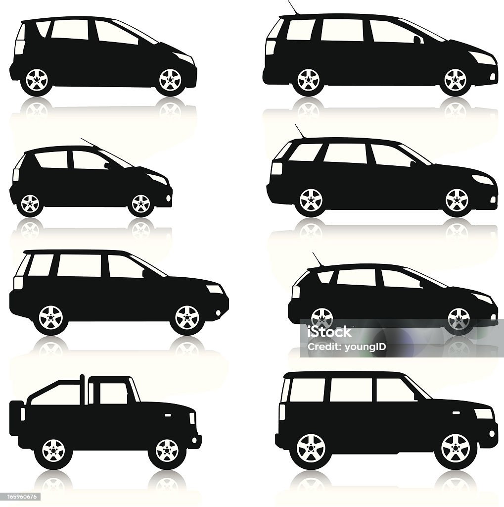 Car Silhouettes set Silhouetted, generic, car icons. Includes small to large family cars, SUVs, MPVs and pick ups. Layered and grouped for ease of use. Download includes EPS8 file and hi-res jpeg. Car stock vector