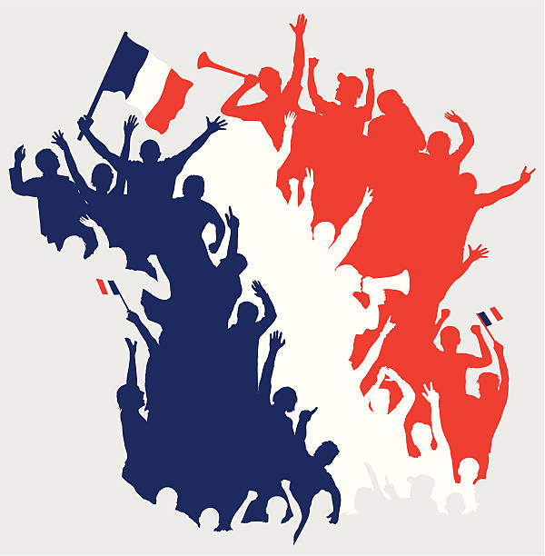 Happy French Fans in Shape of France Map. Vector silhouetted cheering crowd with French flags. Three line of fans in color of French flag. Shape of illustration repeat  the shape of map of France. vuvuzela stock illustrations
