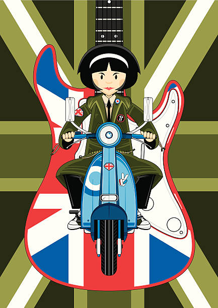 стильные современные девушки в парке на scooter - lapel hairstyle transportation british culture stock illustrations