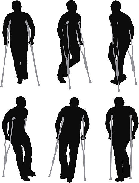 illustrazioni stock, clip art, cartoni animati e icone di tendenza di ferito uomo che cammina con l'aiuto di stampelle - men crutch isolated support