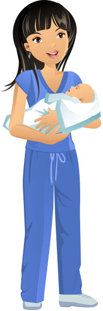 illustrazioni stock, clip art, cartoni animati e icone di tendenza di infermiere che tiene un bambino - nurse standing white background beauty