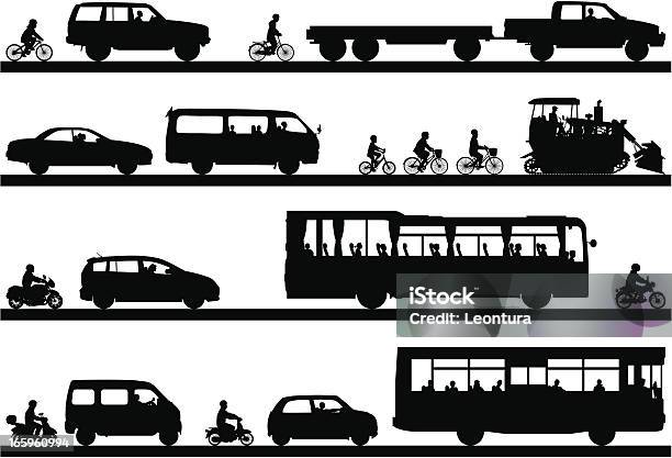 Многие Очень Подробно Транспортных Средств — стоковая векторная графика и другие изображения на тему Силуэт - Силуэт, Автобус, Движение - транспорт
