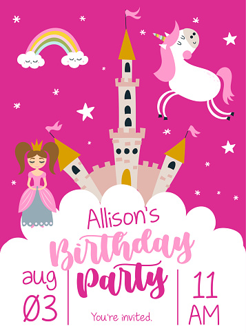 Happy Birthday Party - funny vector invitation card with castle drawing. Lettering poster or t-shirt textile graphic design. Ready to print. premade birthday party invitation flyer.