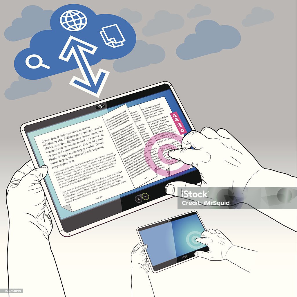 Tablet PC, libro electrónico y los datos en nube - arte vectorial de Agarrar libre de derechos