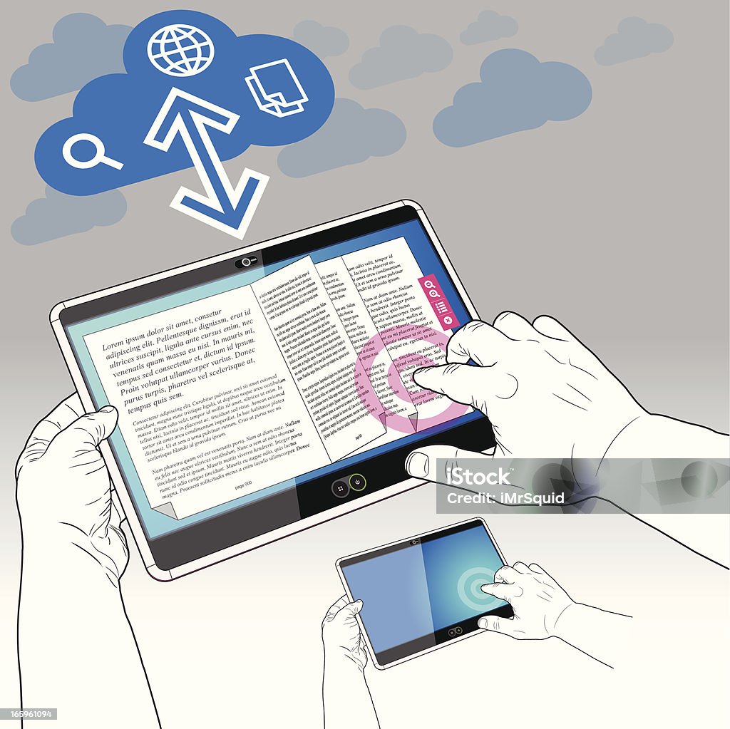 Tablette PC, e-book et les données Cloud - clipart vectoriel de Affichage digital libre de droits