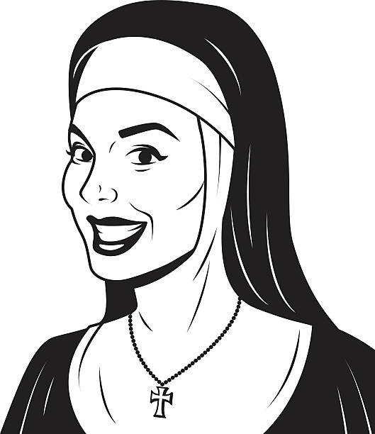 ilustrações de stock, clip art, desenhos animados e ícones de mulher vintage: freira - spirituality smiling black and white line art