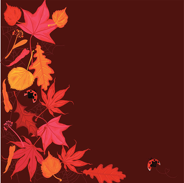 Red and Golden Autumn Leaves Background Red and golden Autumn leaves with ladybugs on brown background. Vector. EPS 8. ladybug frame border clip art stock illustrations